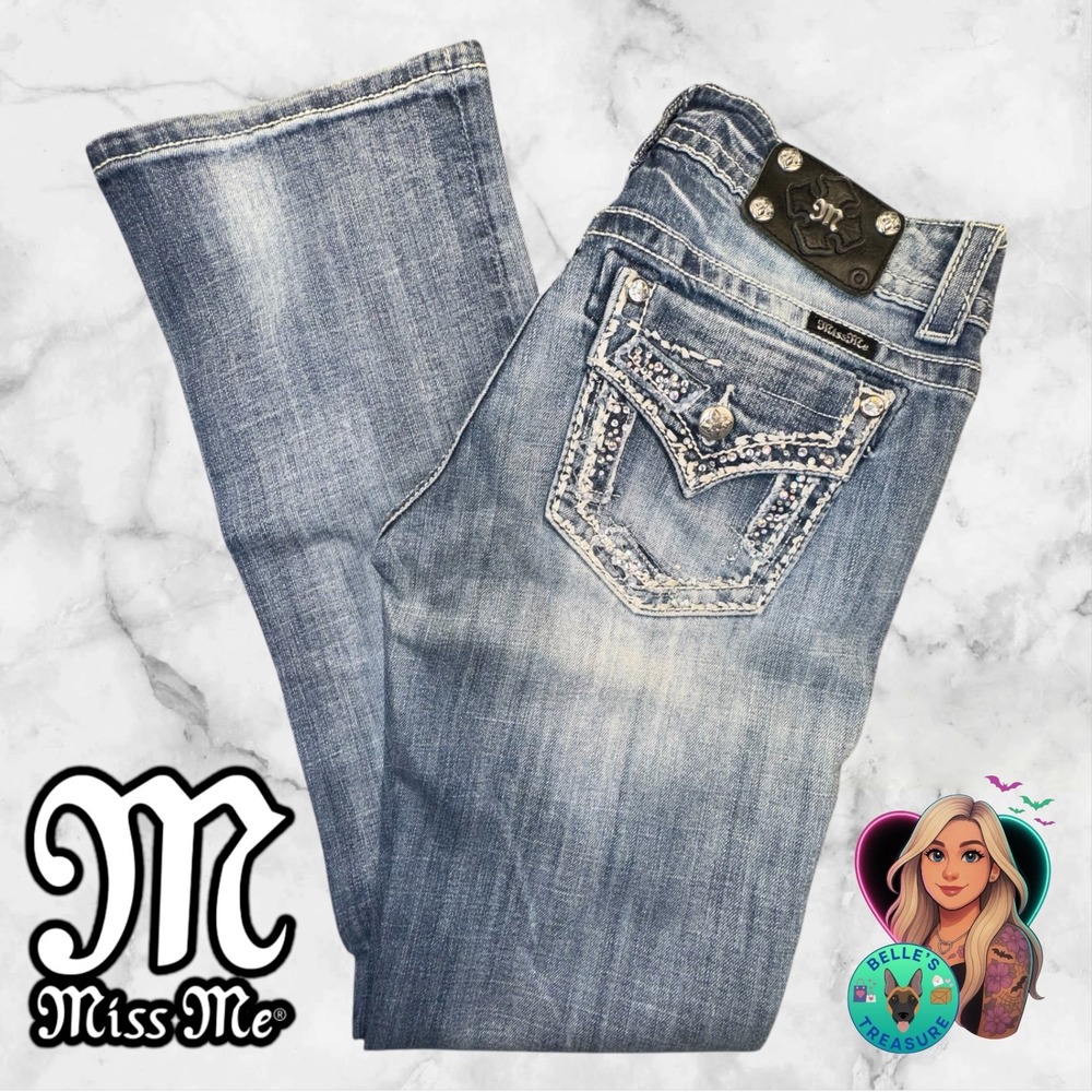 Miss Me Jeans Women 29 Easy Boot Rhinestone Patchwork Flap Pockets Flare 30x32